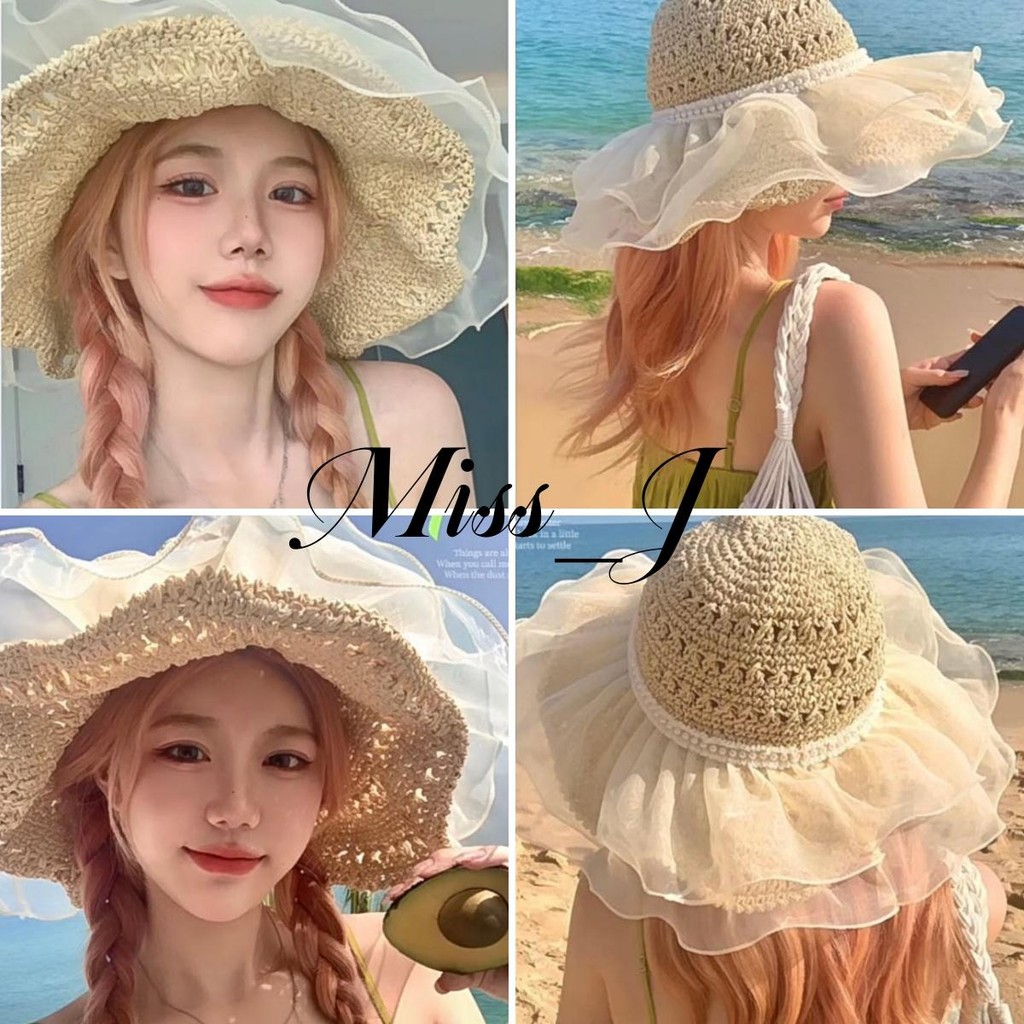 Miss_J พร้อมส่งจากกทม  หมวกฟางขอบคลื่นสไตล์วันหยุด ทอระบายอากาศได้ดีและสวยงาม ป้องกันแสงแดดหน้าร้อนสำหรับชายหาด