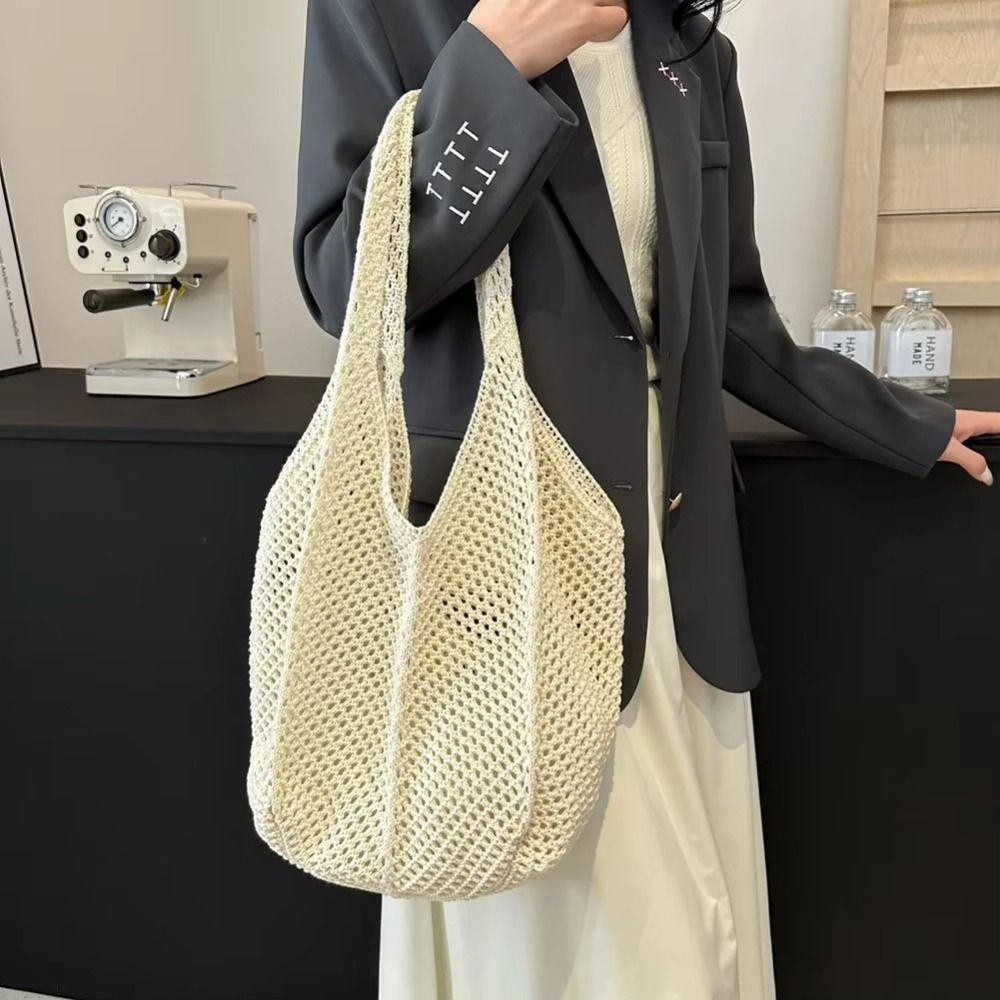 Isitaft โครเชต์ตาข่าย Tote, Hollow Out Soft ผู้หญิงถักไหล่กระเป๋า, Bohemian อเนกประสงค์สีทึบขนาดใหญ่ความจุกระเป๋าช้อปปิ้งเรียบง่ายชายหาด