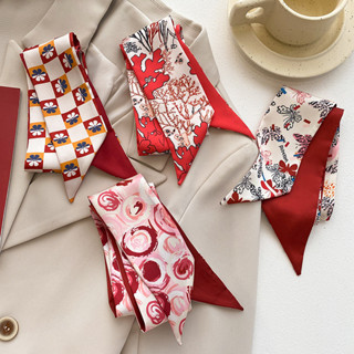ผ้าพันคอไหมยาวแคบสไตล์ฝรั่งเศสสำหรับผู้หญิง สีแดง ยางรัดผมสอ…