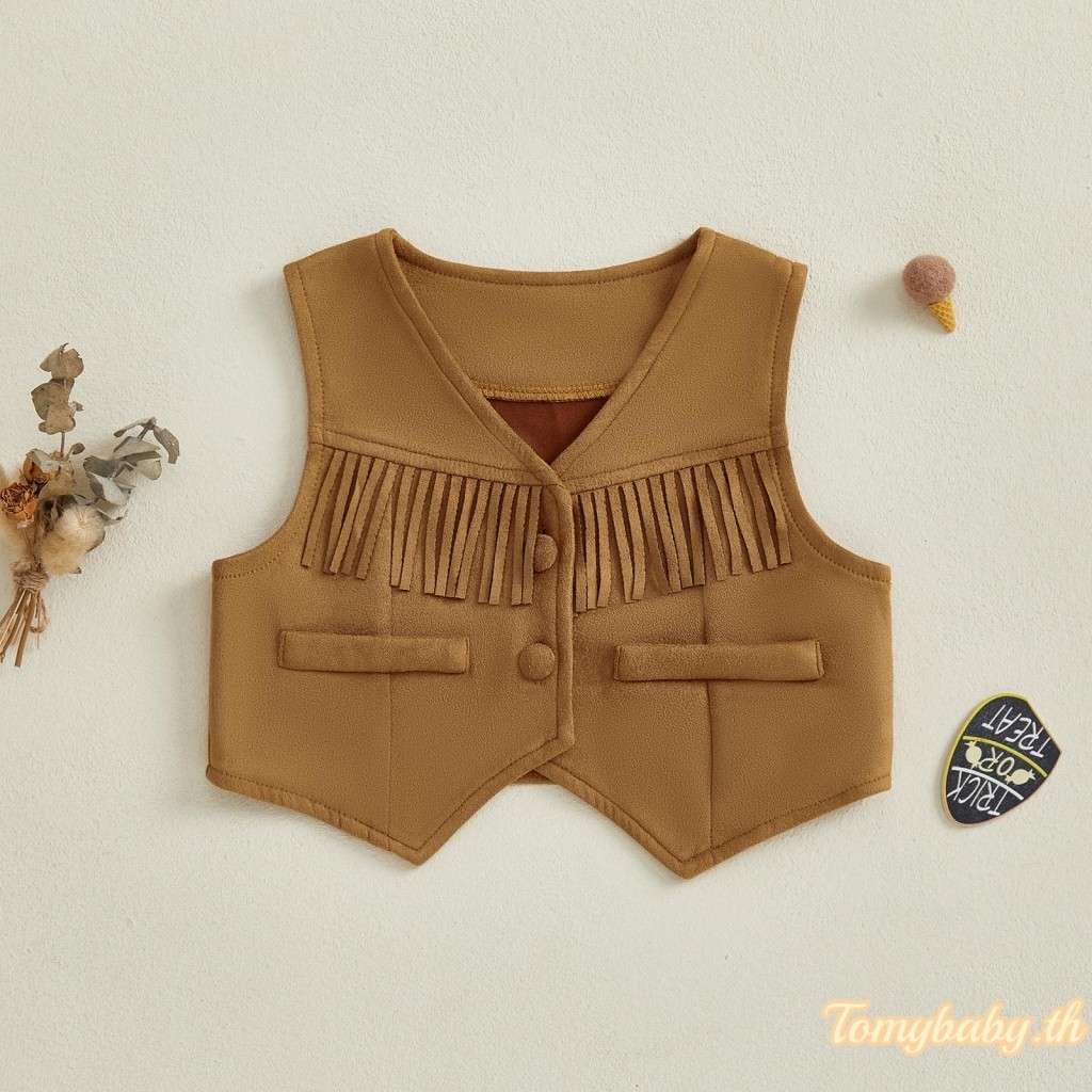 Tomybaby-Toddler Girls Suede Vest สีทึบพู่ปุ่มด้านหน้า Western Cowgirls เสื้อกั๊ก V คอเสื้อแขนกุด
