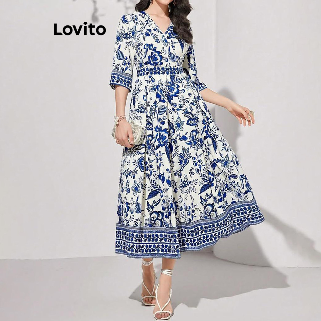 Lovito เดรสผู้หญิง พิมพ์ลายดอกไม้ สไตล์หรูหรา LNL67129