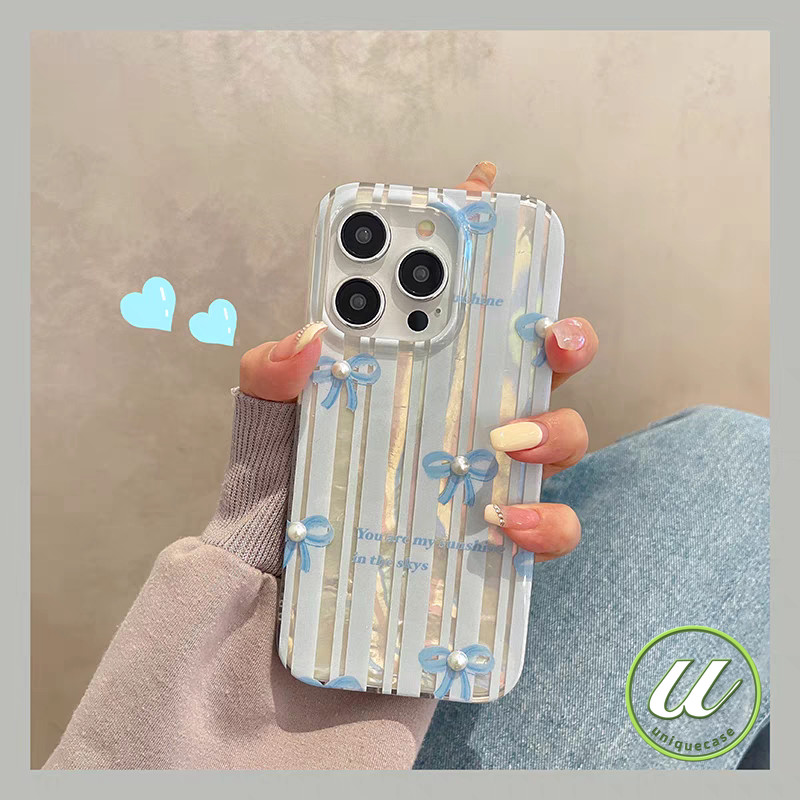 แฟชั่นน้ำเงินโบว์โบว์การ์ตูนศิลปะลายทางสีทอง เคส IPhone 11 15 12 14 13 Pro Max 7Plus XS Max 8 7 14 15 Plus X XR SE 2020