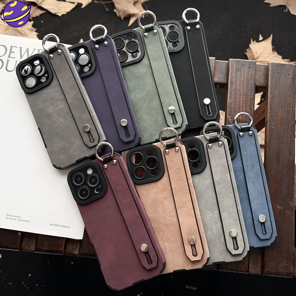 สายรัดข้อมือหนังแกะเทียมเคสโทรศัพท์เหมาะสําหรับ IPhone 16 15 14 PLUS 13 12 11 Pro X XS Max XR 7 8 PLUS Full Coverage Anti Loss ซิลิโคนป้องกันปกอ่อนปลอกคู่