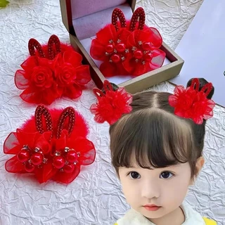เด็กเด็กปีใหม่สีแดงจีนดอกไม้ ชม. หูฟัง เครื่องประดับผม