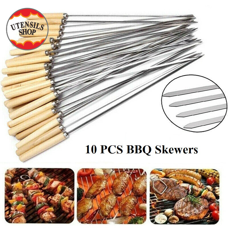 UTENSILS 
10pcs ไม้เสียบสแตนเลสบาร์บีคิวแบนใช้ซ้ำได้แท่งเข็มบาร์บีคิวสำหรับย่างเนื้อกุ้งไก่ผัก