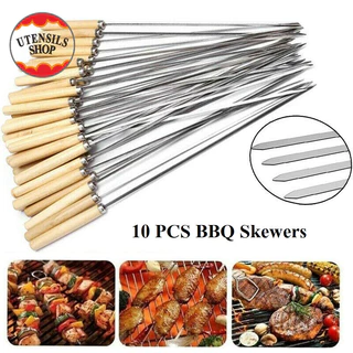 UTENSILS 10pcs ไม้เสียบสแตนเลสบาร์บีคิวแบนใช้ซ้ำได้แท่งเข็มบาร์บีคิวสำหรับย่างเนื้อกุ้งไก่ผัก