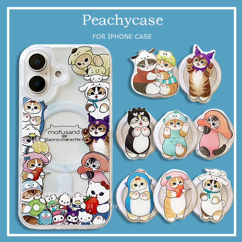 น่ารัก Sanrio Hangyodon Kuromi Mofusand Cat Holder Stand ไร้สายชาร์จเคสโทรศัพท์สําหรับ iPhone 16 15 14 Plus 13 12 Pro Max 11 อะคริลิค Shock Proof Mobile Casing