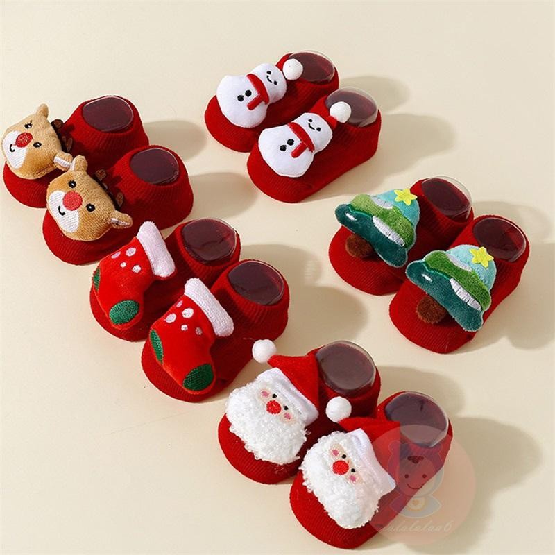 Laa6-คริสต์มาสเด็กผู้หญิงลื่น 3D Santa Claus/ต้นไม้/กวาง/Snowman/รองเท้าบูทถุงเท้าคลานชั้นอุ่น