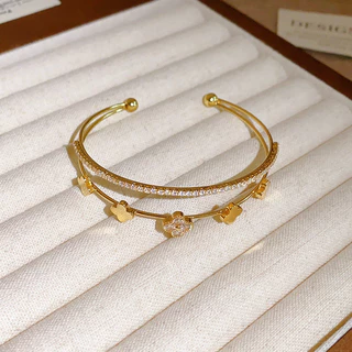 [Jewbeauty]Zircon เพชรดอกไม้คู่เปิดสร้อยข้อมือแสงหรูหราความรู้สึกคุณภาพสูงสร้อยข้อมืออารมณ์retro niche Courtสไตล์เครื่องประดับมือ