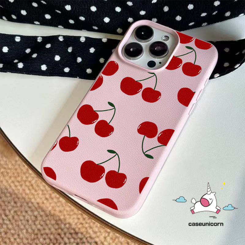 น่ารักโรแมนติกเชอร์รี่การ์ตูน Dopamine Candy สีสําหรับ IPhone 11 13 16 15 12 14 Pro Max XR 15 14 16 Plus X XS Max อินเทรนด์หรูหราผิวรู้สึกหนังเนื้อนุ่มกรณี