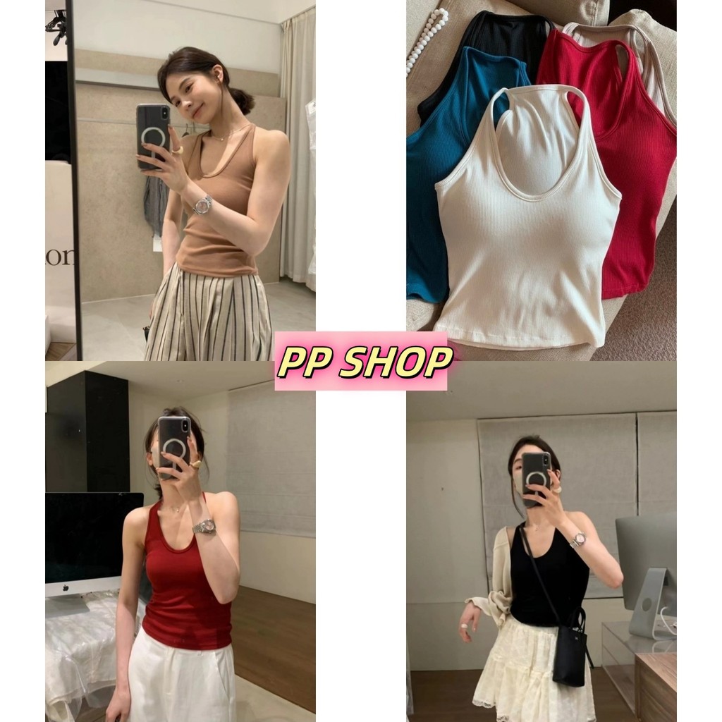 PP Shop​ ​พร้อมส่ง เสื้อสายเดี่ยว มีฟองน้ำ สีพื้น สไตล์ลำลองใส่สบาย คล้องคอ คอกลม แฟชั่นฤดูร้อน ผ้านิ่ม ครอปกล้าม#FY298