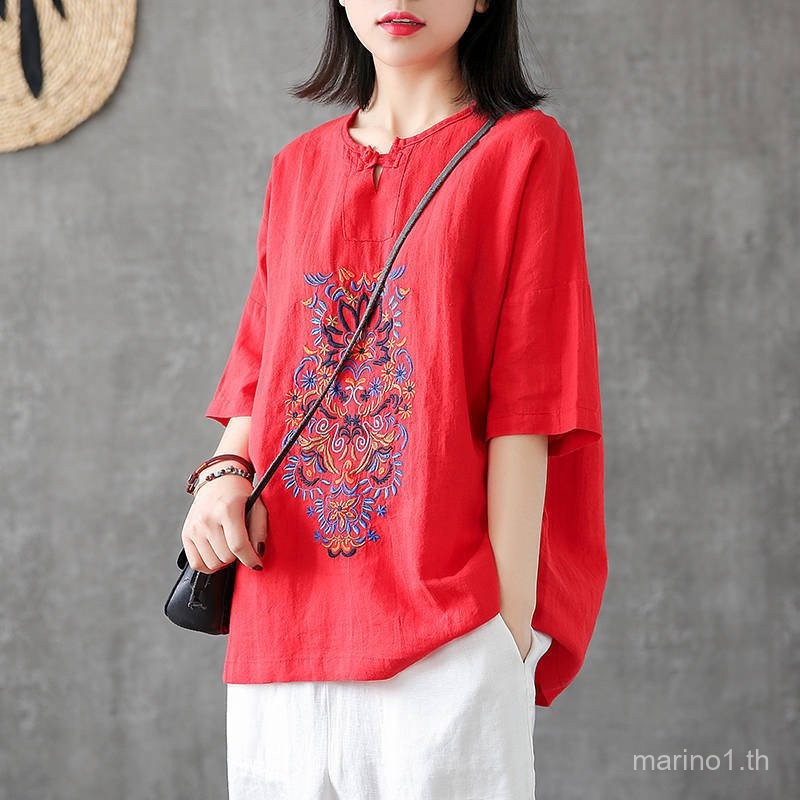 จีนเสื้อผ้าปีใหม่ qipao ด้านบนผู้หญิงเสื้อ CNY สไตล์จีนเสื้อด้านบนสไตล์จีน Women2025ด้านบนปักจีนปมปุ่มคอวีแขนสั้นผ้าฝ้ายและผ้าลินินเสื้อยืด