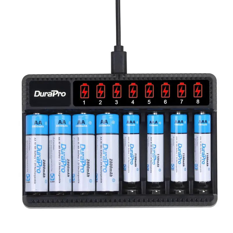 DuraPro 2800mAH AA Rechargeable Battery+1100mAH AAA Ni-MH battery+8 Slots LCD Charger for Toys,Remot