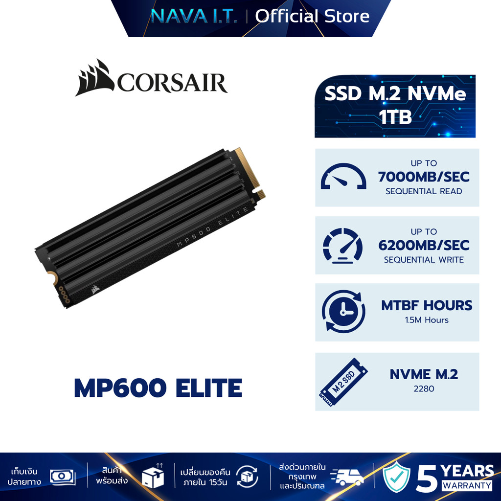 CORSAIR MP600 ELITE 1TB PCIe Gen4 x4 NVMe 1.4 M.2 SSD with Heatsink