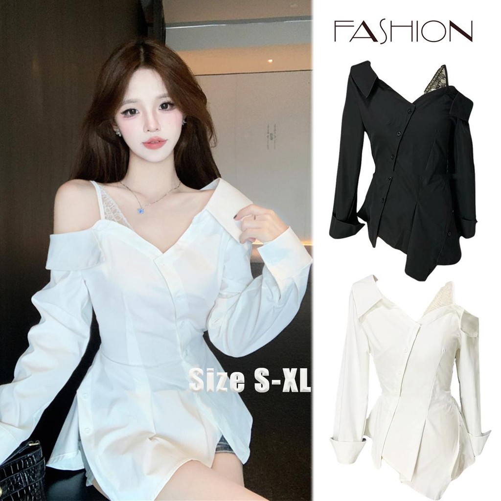 KOKO#เสื้อแฟชั่นลายลูกไม้ คอวีเสื้อเชิ้ตแขนยาวปิดไหล่เซ็กซี่ของผู้หญิง ทรงเข้ารูป เซ็กซี่แซ่บๆ#W538
