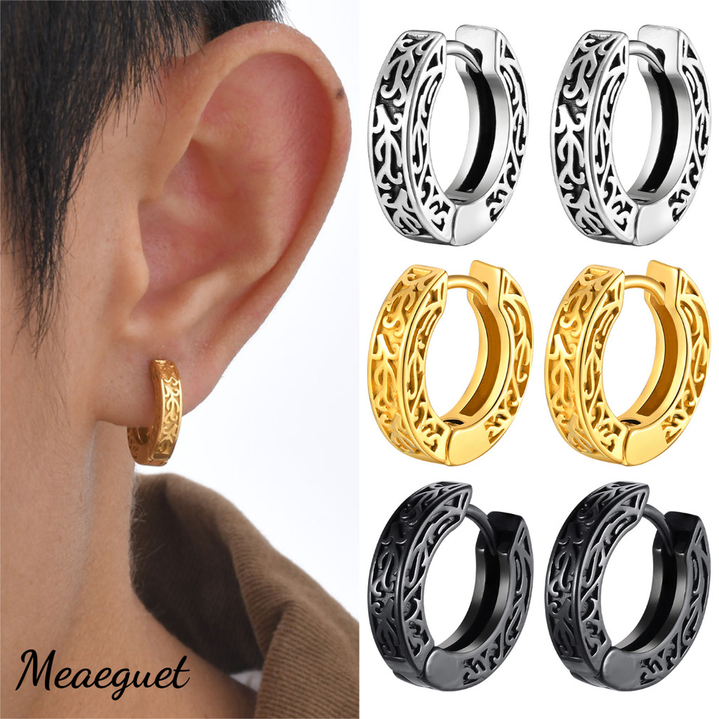 Meaeguet ต่างหูสแตนเลสผู้ชายสไตล์ฮิปฮอปเฮฟวีเมทัลลายโปร่ง สีทอง/ดำ/เงิน