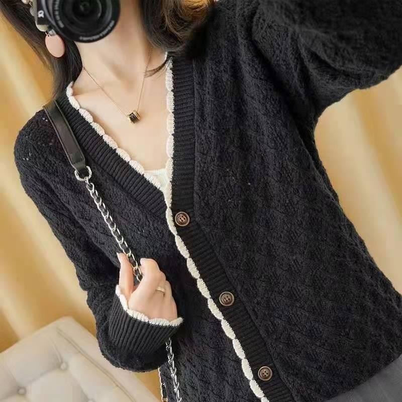เสื้อกันหนาวผู้หญิงแฟชั่นใหม่ลําลองถักหลวมและอเนกประสงค์เสื้อกันหนาวแจ็คเก็ตผ้าฝ้ายแท้สไตล์มินิมอลกลวงด้านบน