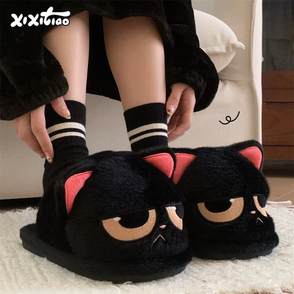 Xitiao Angry Little Black Cat รองเท้าแตะผ้าฝ้ายผู้ชายผู้หญิงคู่น่ารักการ์ตูนให้ความอบอุ่น