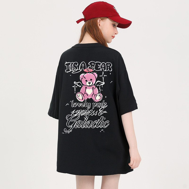 220G 100%CottonSI Oversize ตุ๊กตาหมีวินเทจพิมพ์ผ้าฝ้ายแท้รอบคอหลวมเสื้อยืดแขนสั้นผู้หญิง 76