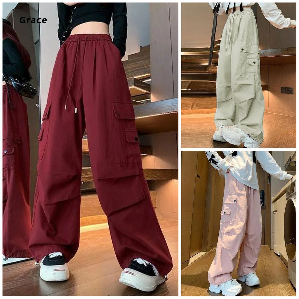 [Grace] (คลังสินค้าพร้อม) สีทึบ Overalls ผู้ชายผู้หญิงหลวม Slimmer ดูตรงกางเกงลําลองขากว้าง GR1295 #