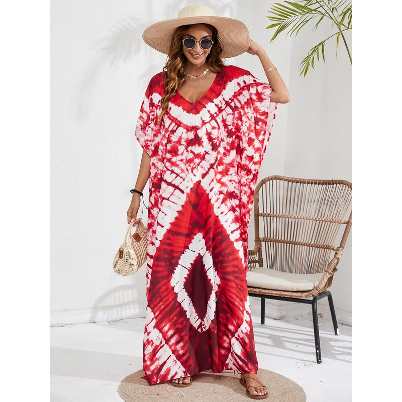 Plus ขนาด Boho Cover Up ผู้หญิง Plus Tie Dye & Geo พิมพ์ Batwing Sleeve V คอ Kaftan Beach Cover Up D