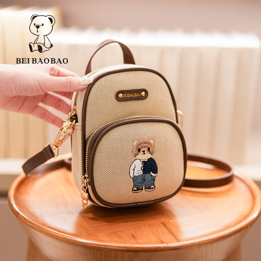 [bei baobao] Simple Casual Canvas Mobile Phone Messenger Bag-2025 New Style Urban Simple Fashion One-Shoulder Bear Style Womens Trend Diagonal Bag
