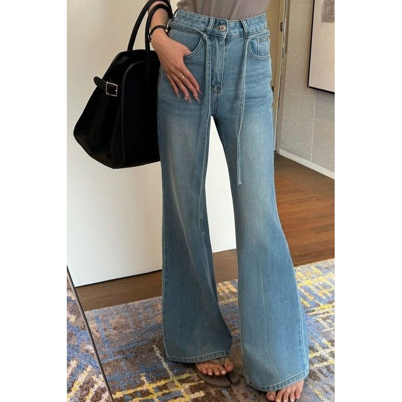 Flare กางเกงยีนส์ผู้หญิง 2025 ฤดูใบไม้ผลิเอวสูงการออกแบบความรู้สึกแฟชั่น Laced-Up Slimmer ดู Retro F