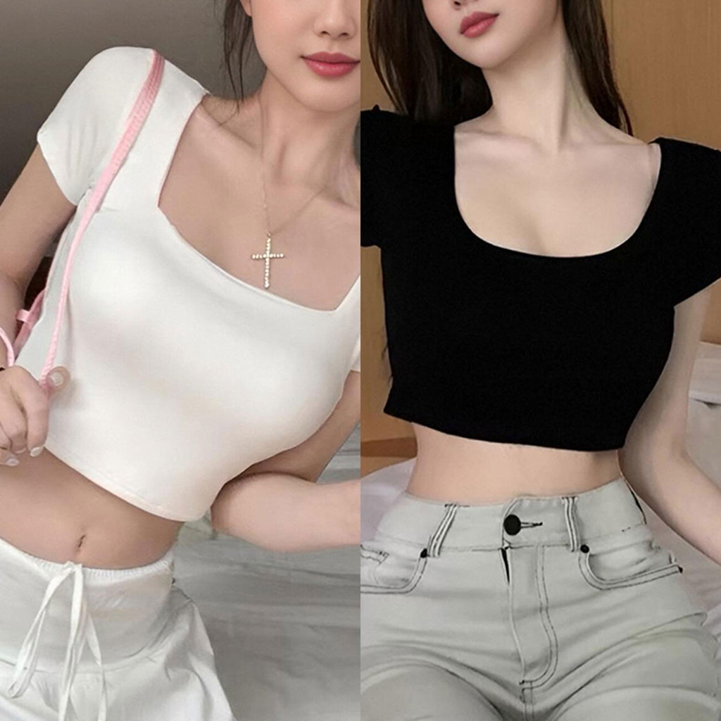 เสื้อยืดแขนสั้น ทรงพอดีตัว คอเหลี่ยม เหมาะกับทุกสไตล์