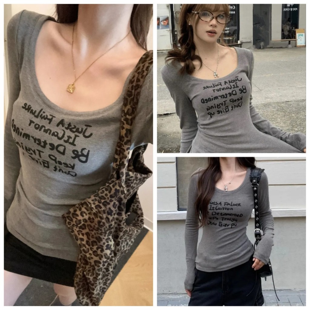 รุ่นสปริงใหม่ความปรารถนาอันบริสุทธิ์ U-collarเสื้อยืดสีเทาของผู้หญิงฐานสบาย ๆ แขนยาวพิมพ์ตัวอักษรหวานและเผ็ด