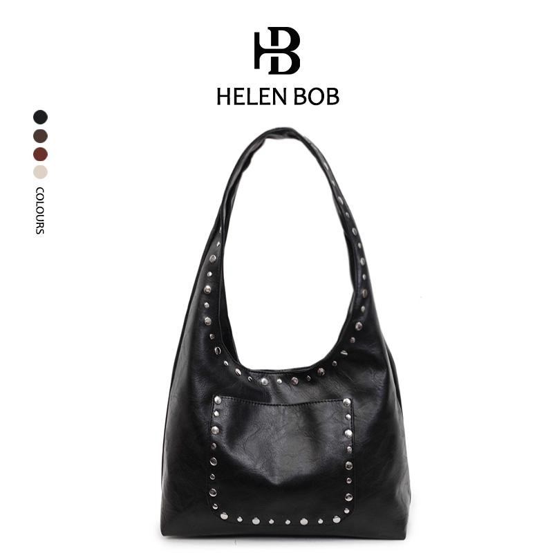 HelenBob กระเป๋าสะพายข้างแบบเดี่ยว สไตล์ยุโรปและอเมริกา แฟชั่นดีไซน์หมุดย้ำเรโทร วัสดุ PU เรียบง่าย ปิดด้วยแม่เหล็ก กระเป๋าถือผู้หญิง