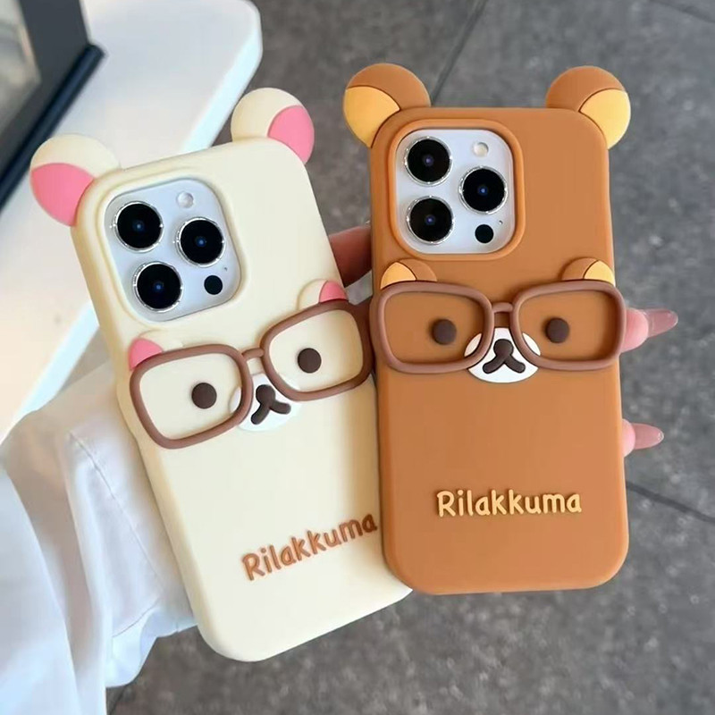 3D การ์ตูนแว่นตา Rilakkuma Bear สําหรับ iPhone 16 Pro Max 4S 5 5S 11 12 13 14 Pro 15 Plus SE 7 8 6 6S Plus Silicon Soft เคสโทรศัพท์