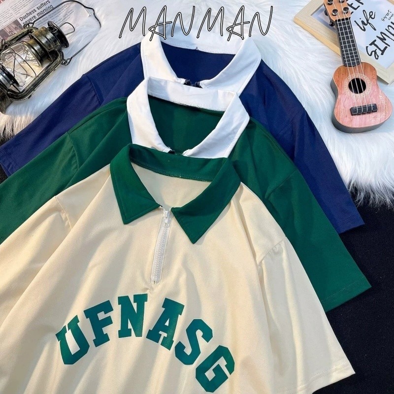 M＆M เสื้อโปโลแขนสั้น การออกแบบซิปครึ่ง สไตล์วิทยาลัย ฤดูร้อนรุ่นใหม่ ชุดคู่รัก