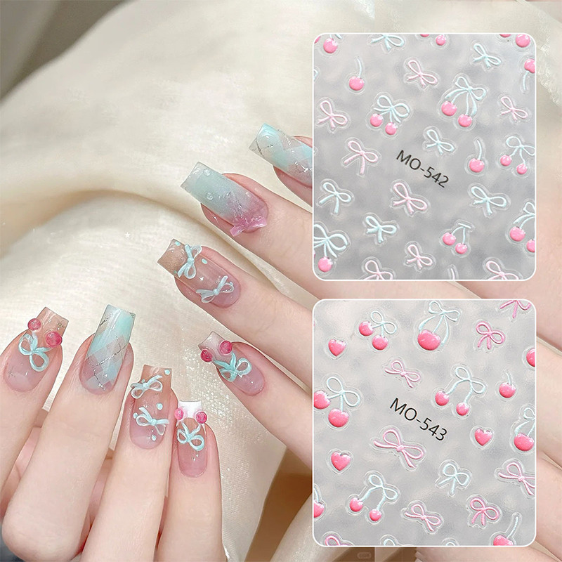 3D Mint Cherry Bowknot Fresh Jelly Nail Charm สติกเกอร์นูน Slider Decals ฤดูร้อน Self-Adhesive ตกแต่งเล็บ