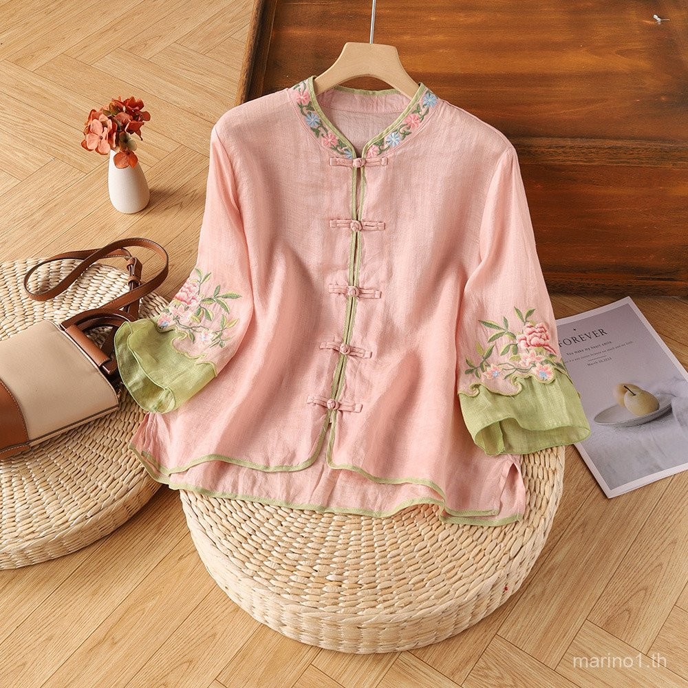 Hanfu ด้านบน qipao เสื้อ CNY ผู้หญิงผ้าฝ้ายและผ้าลินินฤดูร้อนใหม่ Retro ปักเสื้อผู้หญิง Retro หัวเข็มขัดการจับคู่สี3/4แขนเสื้อหลวม