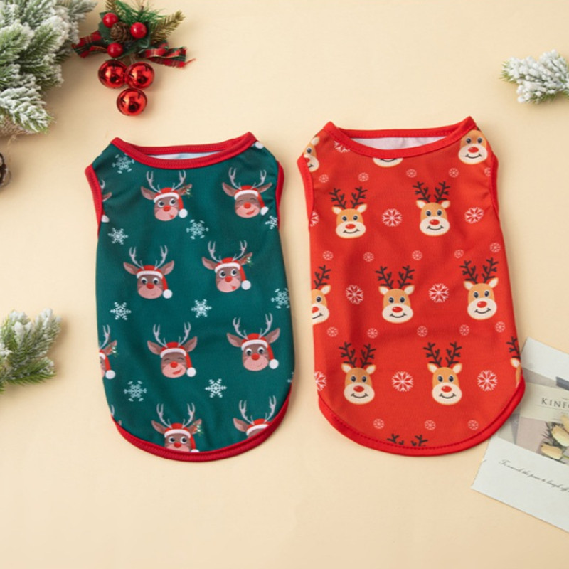 เสื้อผ้าสุนัขคริสต์มาสสําหรับ Shih Tzu เสื้อกั๊กสัตว์เลี้ยงบาง Elk Cat Tshirt Santa Claus Puppy Tank Top เสื้อผ้า
