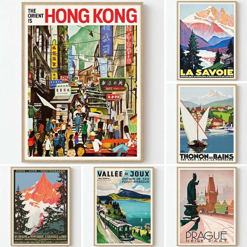 Travel Retro โปสเตอร์ศิลปะภาพวาด Savoie ฝรั่งเศสฮ่องกงจีน Vintage ผ้าใบพิมพ์ตกแต่งผนังบ้าน Frameless ภาพวาด
