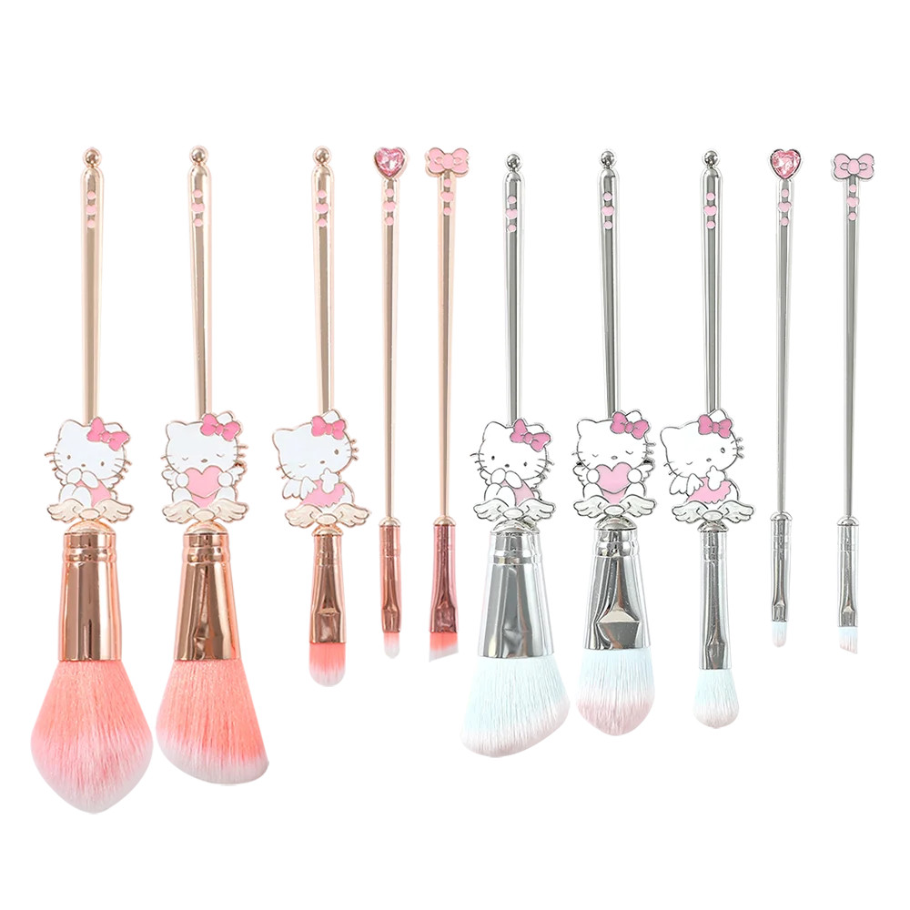 ชุดแปรงแต่งหน้า 5 ชิ้นพร้อมกระเป๋า Sanrio Kitty แปรงแต่งหน้าสำหรับแก้มเครื่องสำอางค์ พื้นฐานแปรงสาวคริสต์มาสของขวัญ