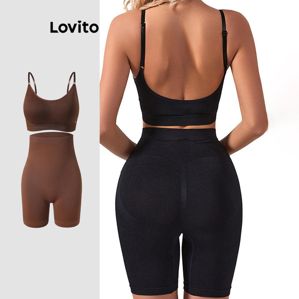 Lovito ชุดกีฬาผู้หญิง ไร้ตะเข็บ สีพื้น สไตล์สปอร์ต LNL48047