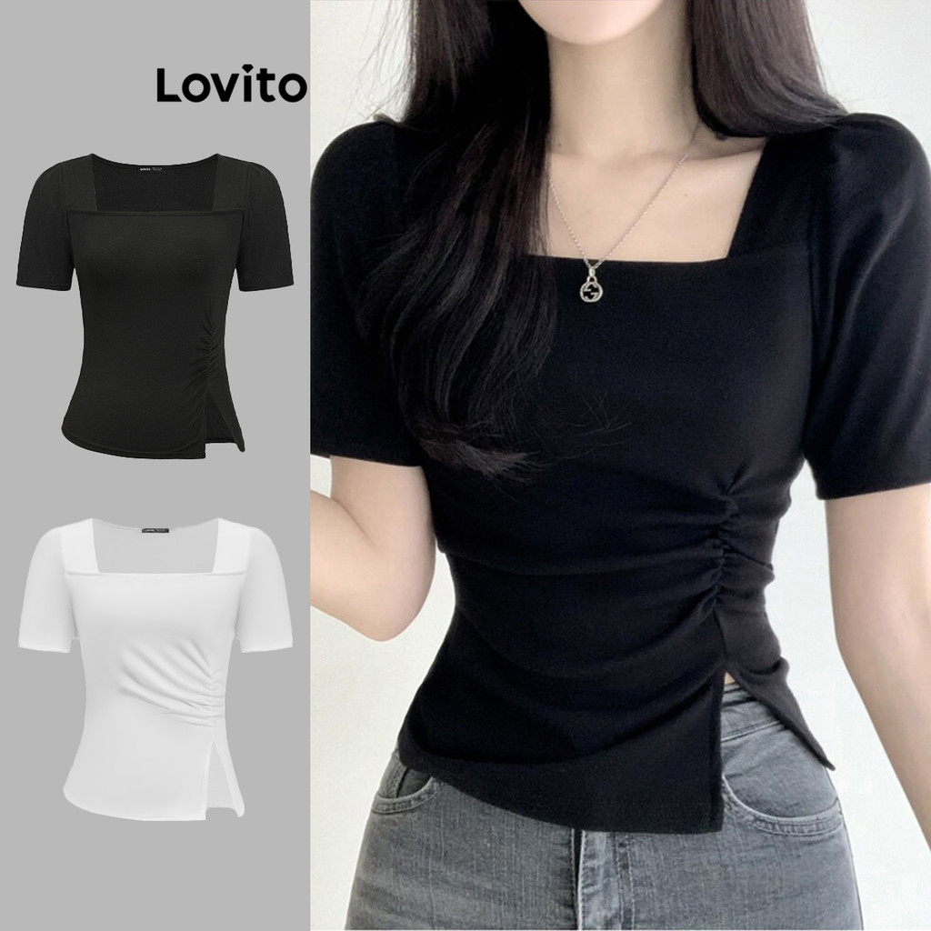 Lovito เสื้อยืดผู้หญิง แต่งผ่า สีพื้น สไตล์หรูหรา L91ED094(หลากสี)