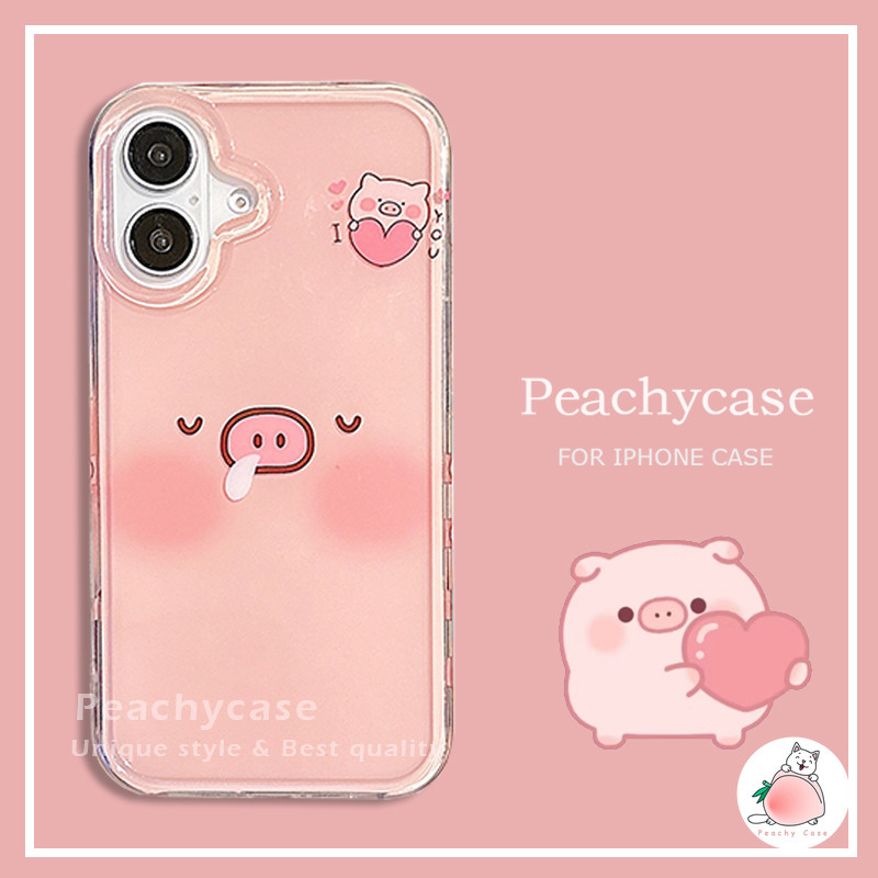 น่ารักสีชมพู Love Heart Pig โทรศัพท์มือถือสําหรับ iPhone 16 15 14 13 Pro Max 15pro iPhone16 IMD กันกระแทกปกหลังโทรศัพท์มือถือ Shell
