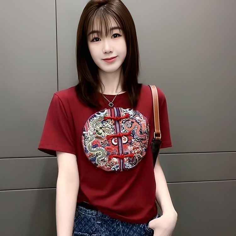 2025 ฤดูร้อนแฟชั่นสตรี High end Leisure slimming พิมพ์ผ้าฝ้ายรอบคอแขนสั้นเสื้อยืด Top