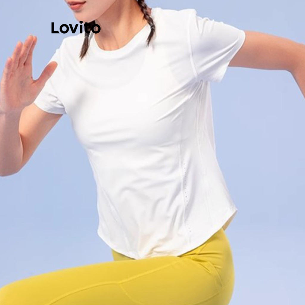 Lovito เสื้อยืดสปอร์ตทรงเรียบสำหรับผู้หญิง LNL85046