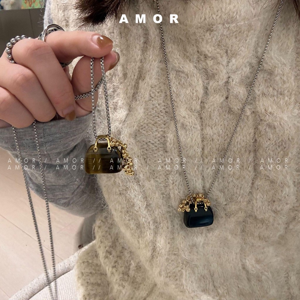 สไตล์เกาหลี Tiger Eye Stone Obsidian Bag Grape Chain จี้สร้อยคอเสื้อกันหนาวหญิง