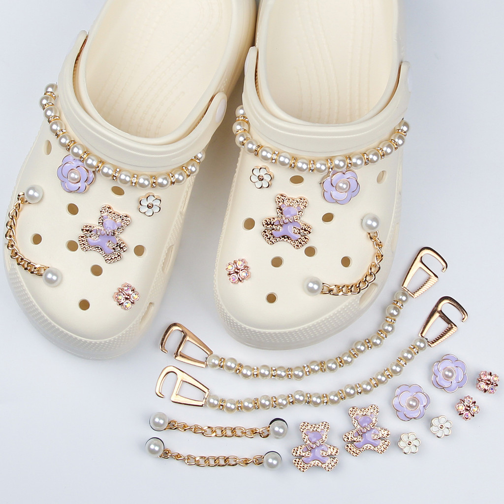 ชุดหมีโซ่มุกสีม่วง DIY jibbits crosc Charm รองเท้าอุปกรณ์ชายหาดพร้อมการออกแบบรูข้าม