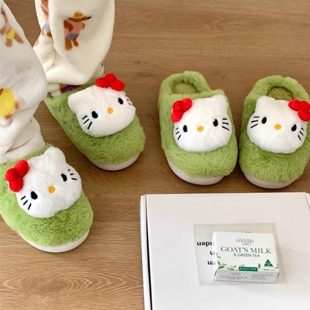 Hgougv656 รองเท้าแตะ Hello Kitty, ฤดูหนาวที่อบอุ่นลื่นรองเท้าแตะ Sanrio Plush, แฟชั่นคุณภาพสูงป้องกันกลิ่นน่ารักโบว์รองเท้าแตะผู้หญิงปี Xmas