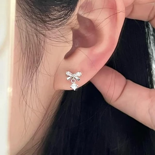 Jinjoo✨-S925-ต่างหูโบว์ รุ่น Crystal Bow Drop Earrings ดีไซน์น่ารัก (แป้นทับ925+แป้นจุกยาง) รหัส A22