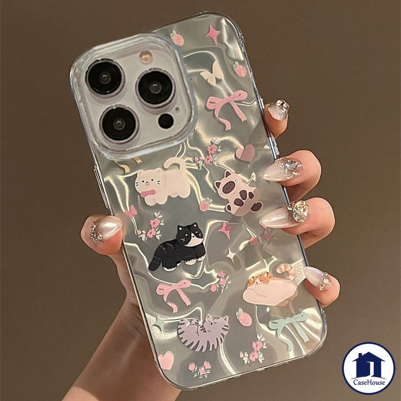 เคสลายคลื่นผูกโบว์แมวน่ารัก เข้ากันได้กับ IPhone 13 16 Pro Max XR 15 12 14 11 Pro Max 7 8 Plus 16 13 14 Pro XS Max X SE