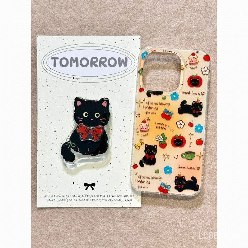 เคสมือถือสำหรับ iPhone ขาตั้งแมวสีดำโบว์น่ารัก16/15Promax/14รุ่นใหม่13/12/11pro เฉพาะกลุ่ม xsmax/XR สร้างสรรค์7/8PLUS เคสป้องกันแบบเต็มรูขนาดใหญ่