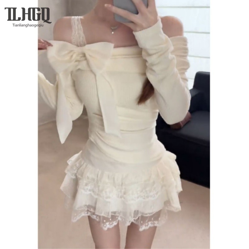 Tian-lianhaogeqiu เสื้อยืดผู้หญิงแขนยาวไหล่เดียวผูกโบว์เสื้อด้านในบาง