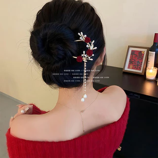 ใหม่สไตล์จีน Red Rose U-Shaped Hairpin หญิงกลับหัว Hairpin Handy เครื่องมือ Ball Hairpin ปีใหม่ Headdress